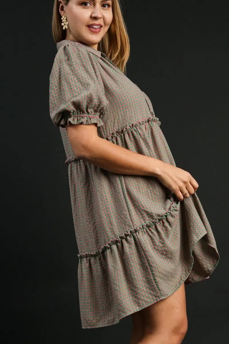 Umgee Full Size Plaid Frill Button Detail Ruffled Dress - Love Salve